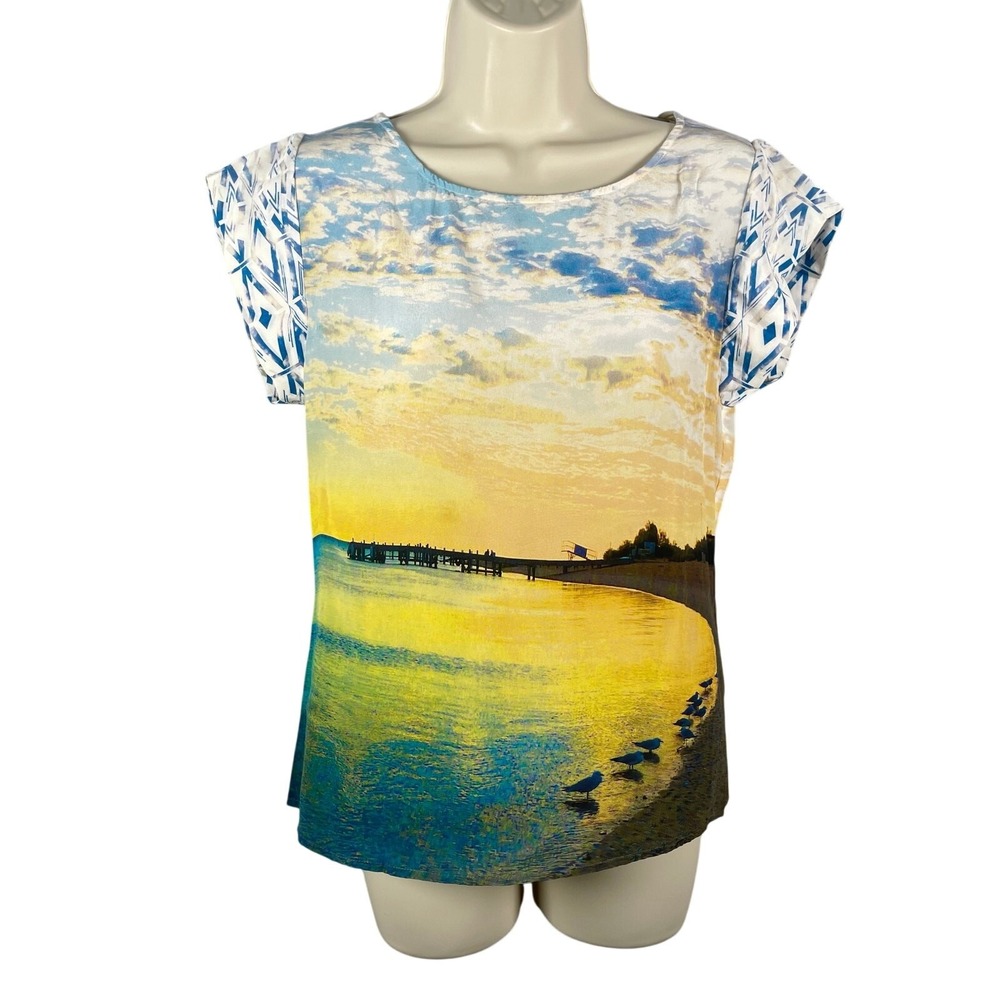 Twelfth Street by Cynthia Vincent Top Womens Small 100% Silk Printed Beach Scene